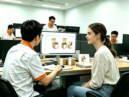 Design team discussing custom packaging solutions with foreign client, OEM ODM design service MEBENNA