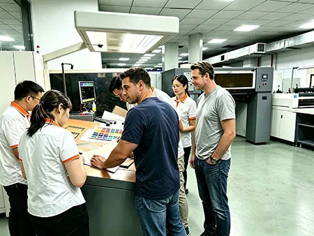 Factory sampling & color validation meeting with overseas buyers, custom print packaging OEM workshop MEBENNA