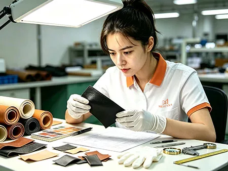 QC inspector checking material samples in‑house lab, multi‑step quality control for custom stationery MEBENNA